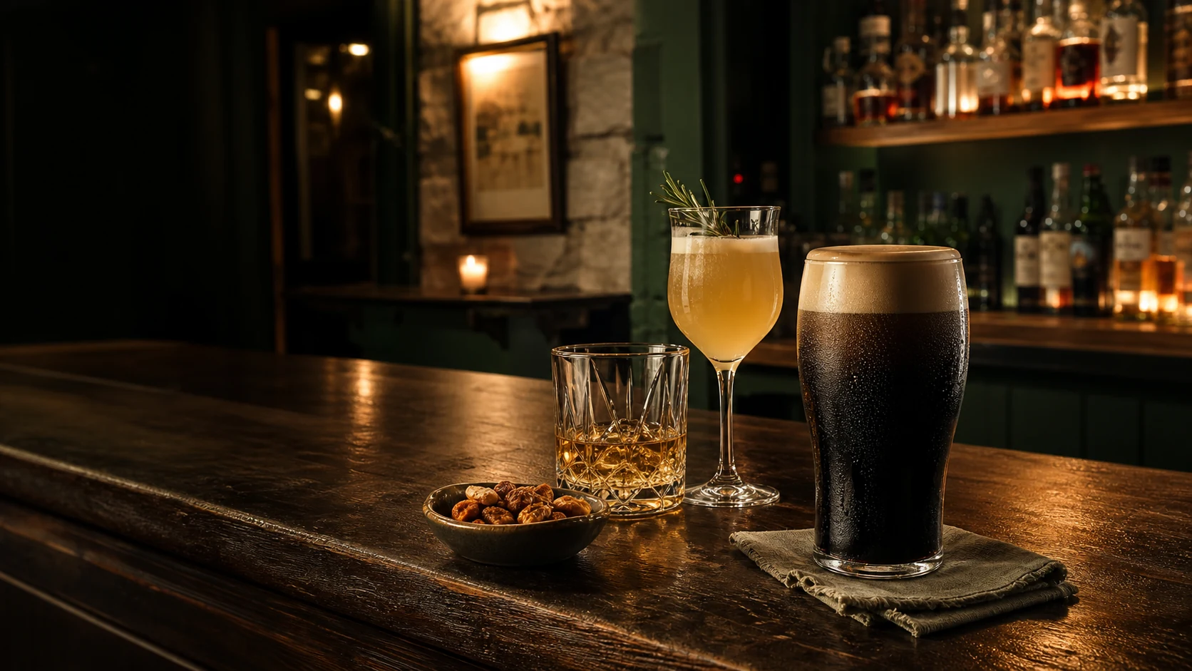 A pint of stout, Irish whiskey and a seasonal cocktail on the bar