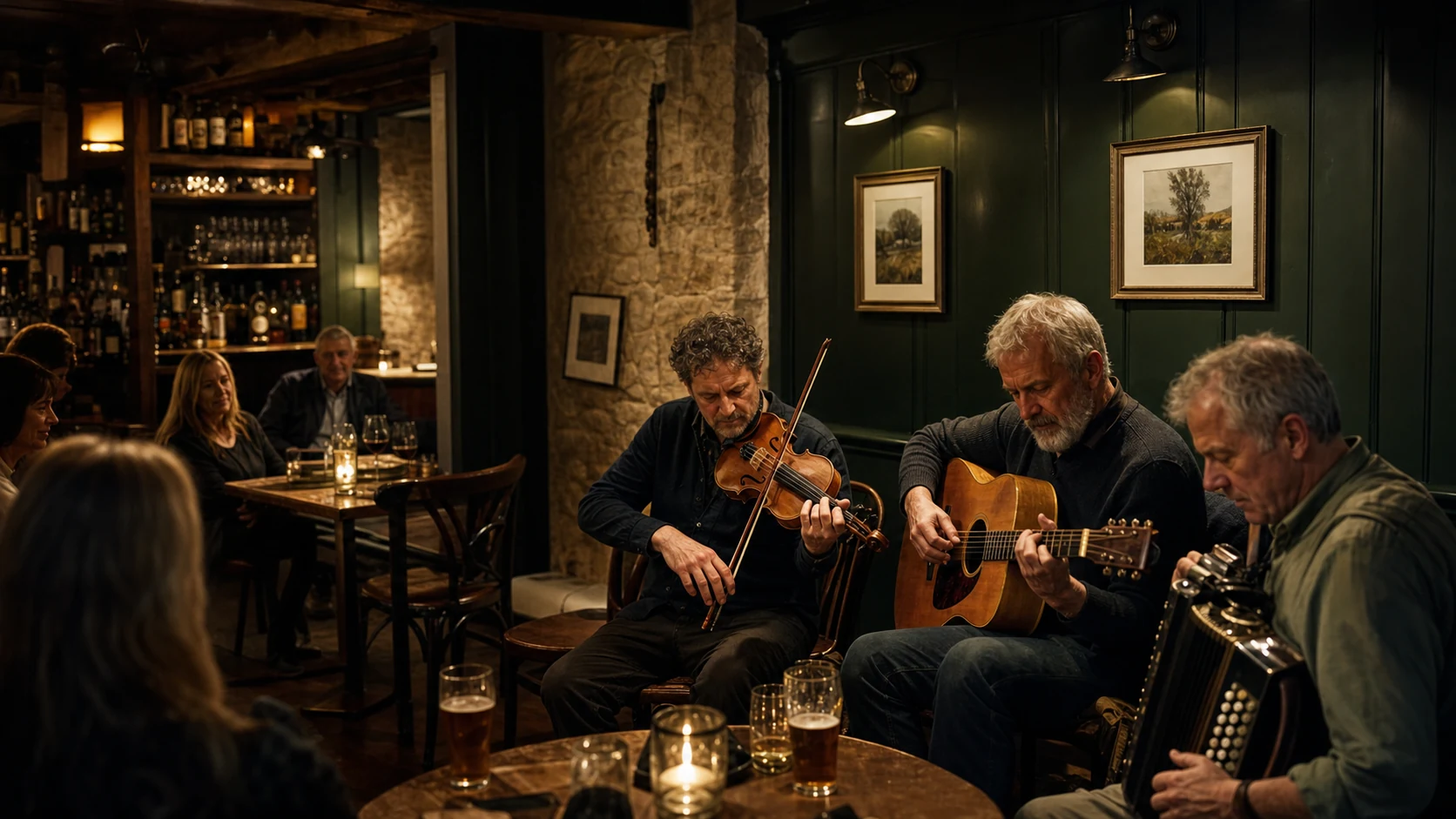 Traditional Irish musicians playing together at Bofey Quinn's