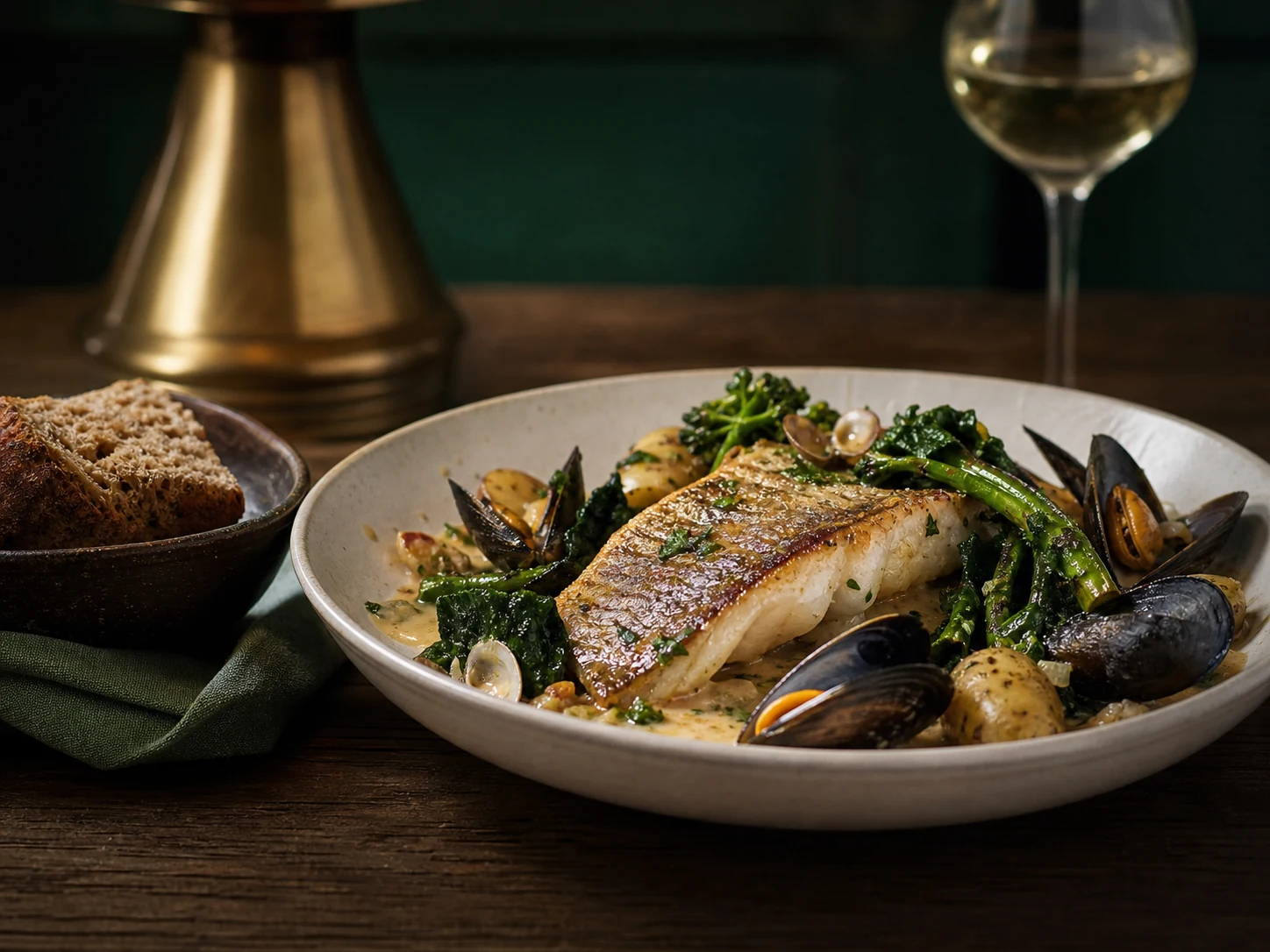 Roast Atlantic fish with greens and Irish potatoes
